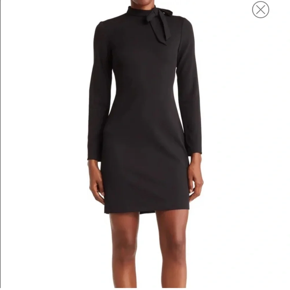 Calvin Klein Black Long Sleeve High Neck Shift Dress with Faux Tie at Neck Sz 4 - Picture 1 of 10